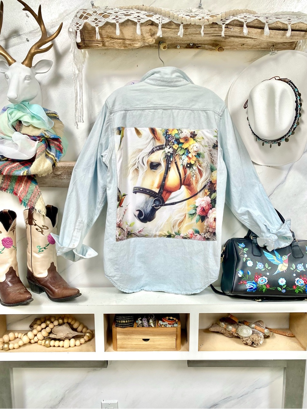 Romantic Horse RARE enchanting Upcycled floral back detailing boho denim shirt